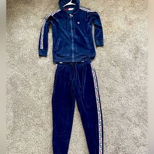Vintage Women's FILA Track Suit Zip Hoodie & Pants Set Navy Blue Velour Size M